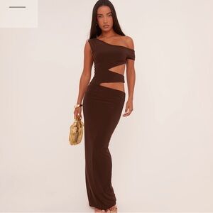 ASYMMETRIC ONE SHOULDER CUT OUT MAXI DRESS IN CHOCOLATE BROWN SLINKY